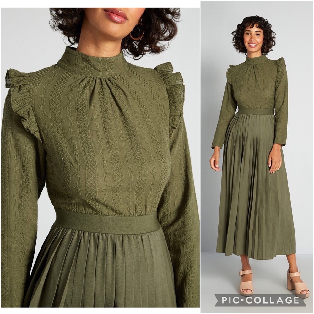 ModCloth Charming in Cottagecore Twofer Maxi Dress khaki olive green pleated